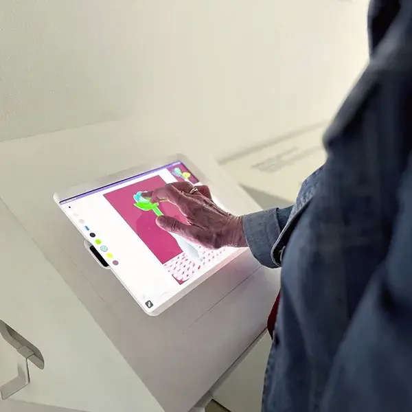 Drawing canvas with AI-guided assistance overlay showing suggested strokes