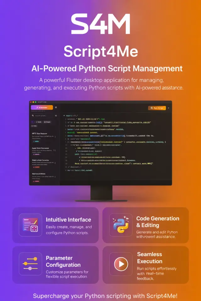 Script4Me desktop application interface showing Python script management panel with AI code assistant and execution controls