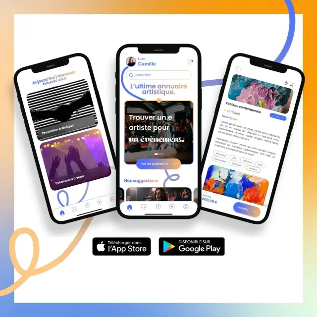 Sparki mobile app interface showing artwork feed with artist profiles and marketplace features for buying and selling art