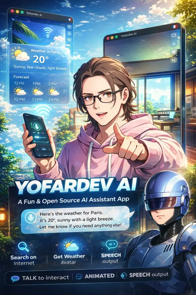 Yofardev AI animated assistant interface showing conversational interaction with multi-modal capabilities including text, speech, and image input